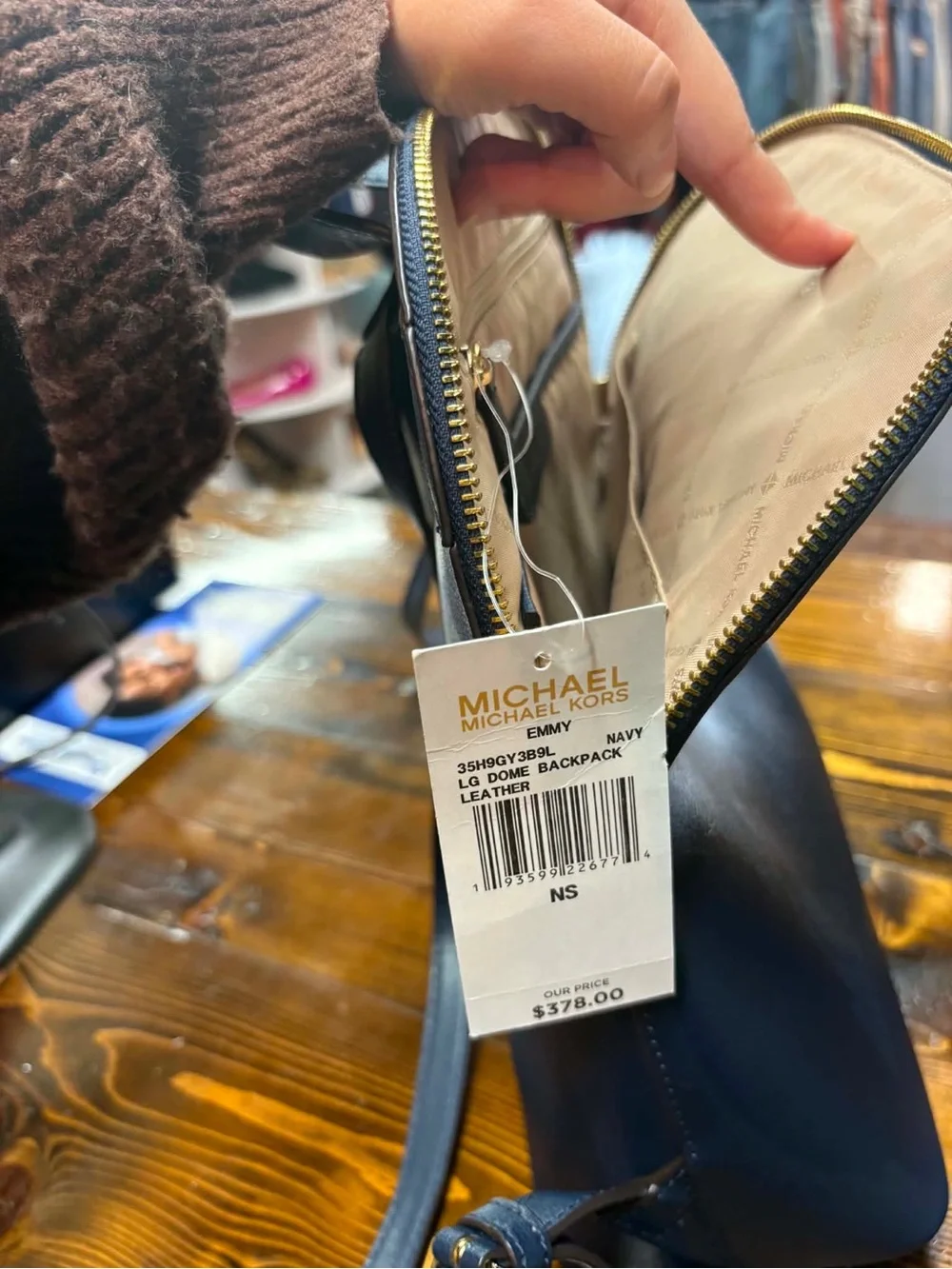 Michael Kors Navy Blue Leather Backpack with Gold Logo